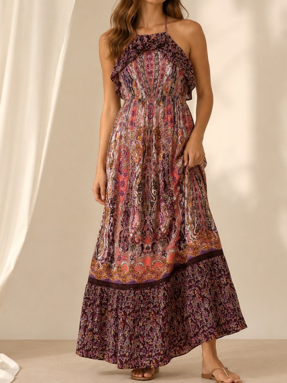 Mi Ami Francesca Paisley Halter Boho Maxi Dress Festival Hippie Large
